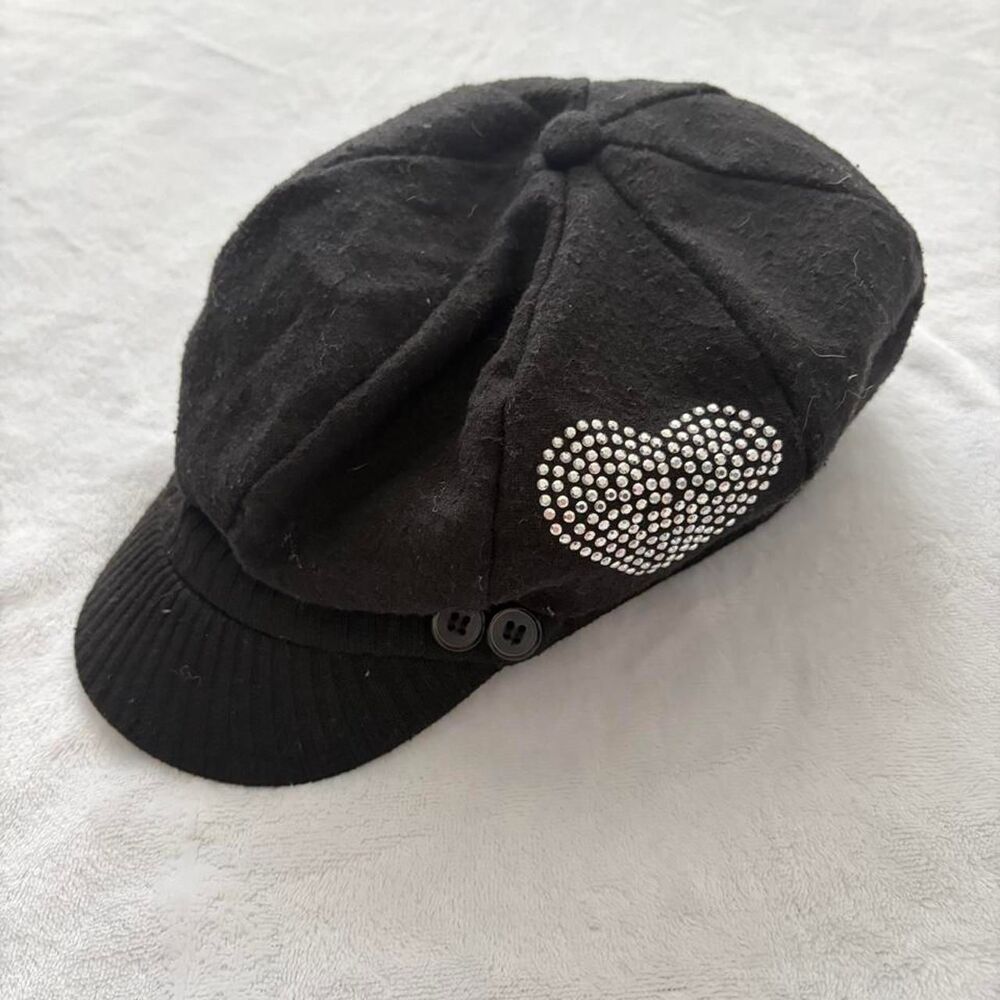 Y2K Black Beret Hat Rhinestone Heart Vintage 2000s Swan Chic Paris